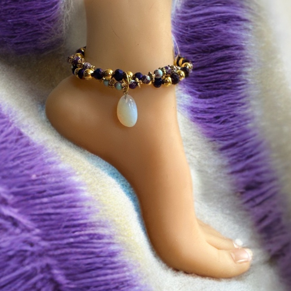 Blue & Purple Imperial  Jasper Pendant Twisted Bead Ankle Bracelet in Goldtone